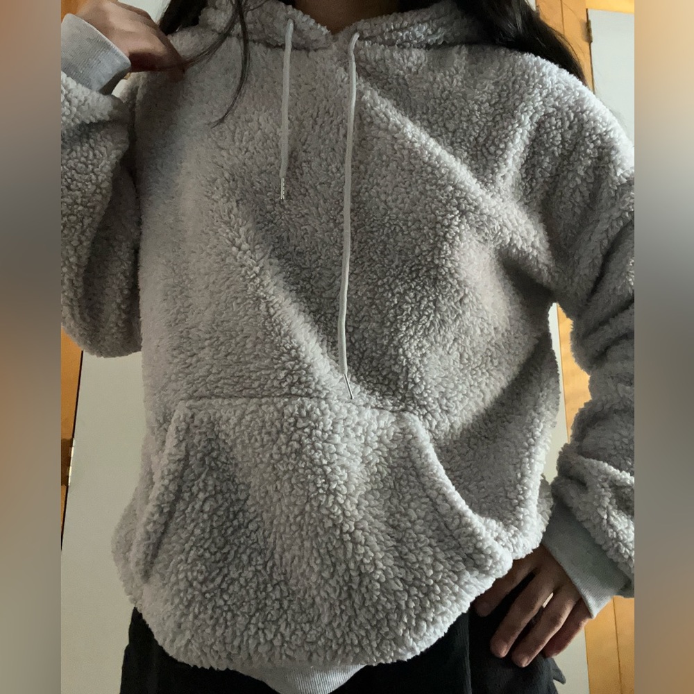 Fuzzy, comfy, hoodie, loose, lightly worn